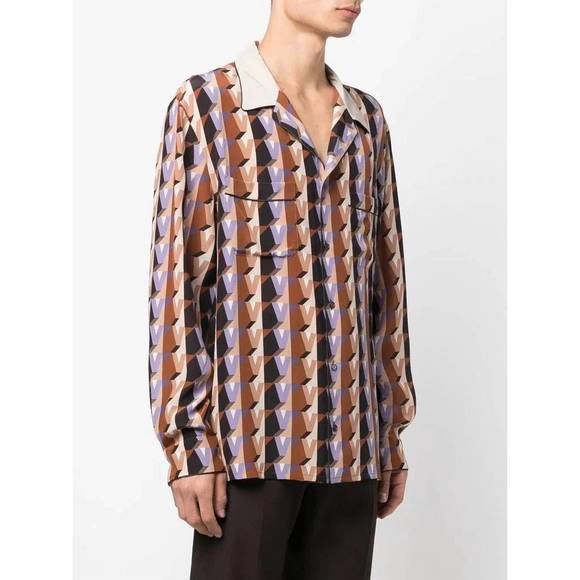 NEW VALENTINO men's graphic print silk shirt in brown